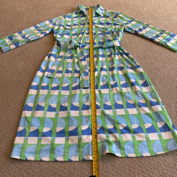 J McLaughlin Brynn Shirt Dress Lyford Jersey Preppy Geometric Print Aqua LARGE - Picture 9 of 16
